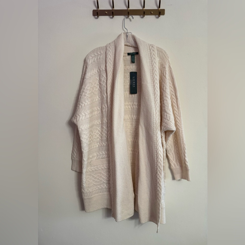 Ralph Lauren Cream Cable Knit Open Front Cardigan Wool Blend Plus Size NWT 1X